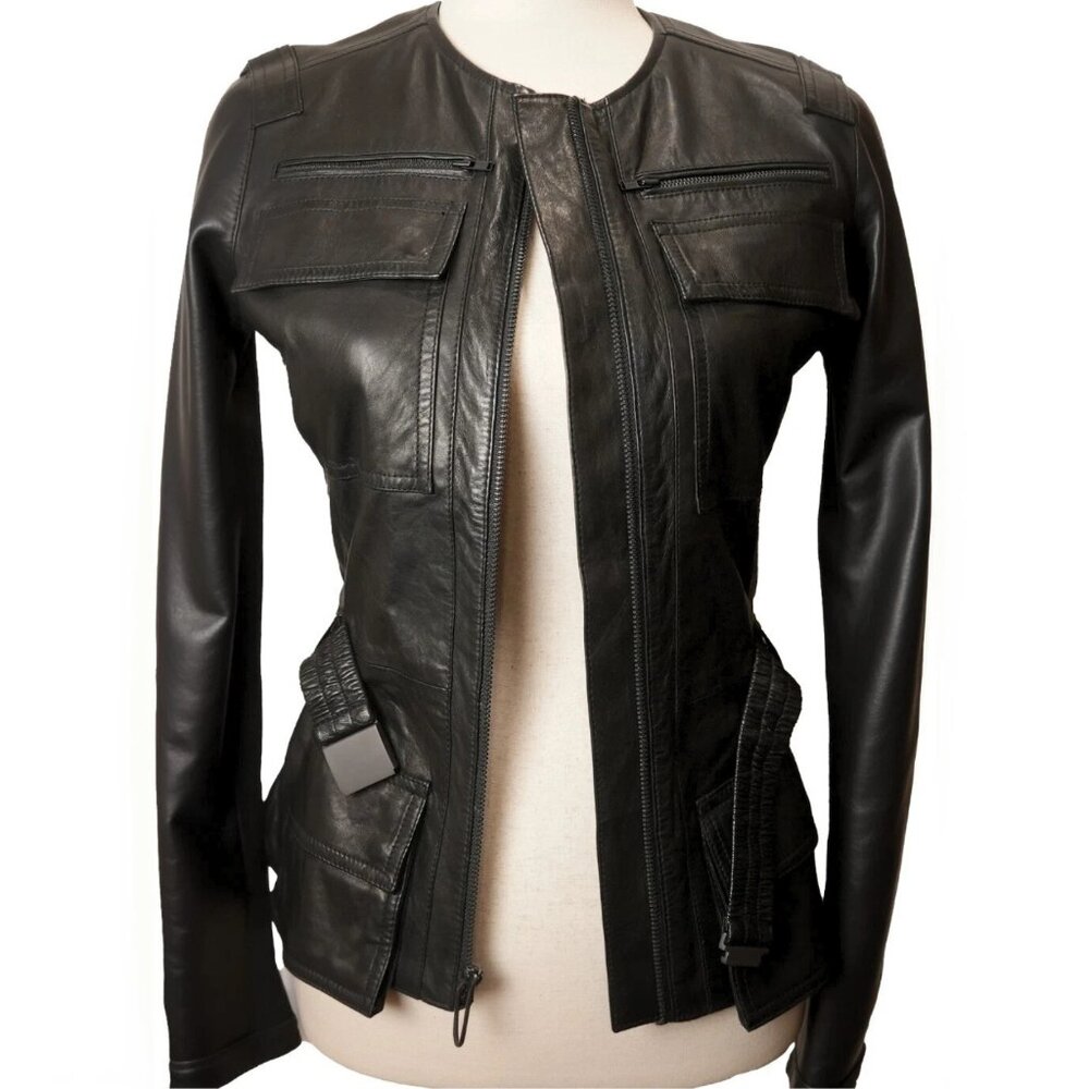 Vince Vintage Black 100% Leather Fitted Utility Jacket with Pockets XS